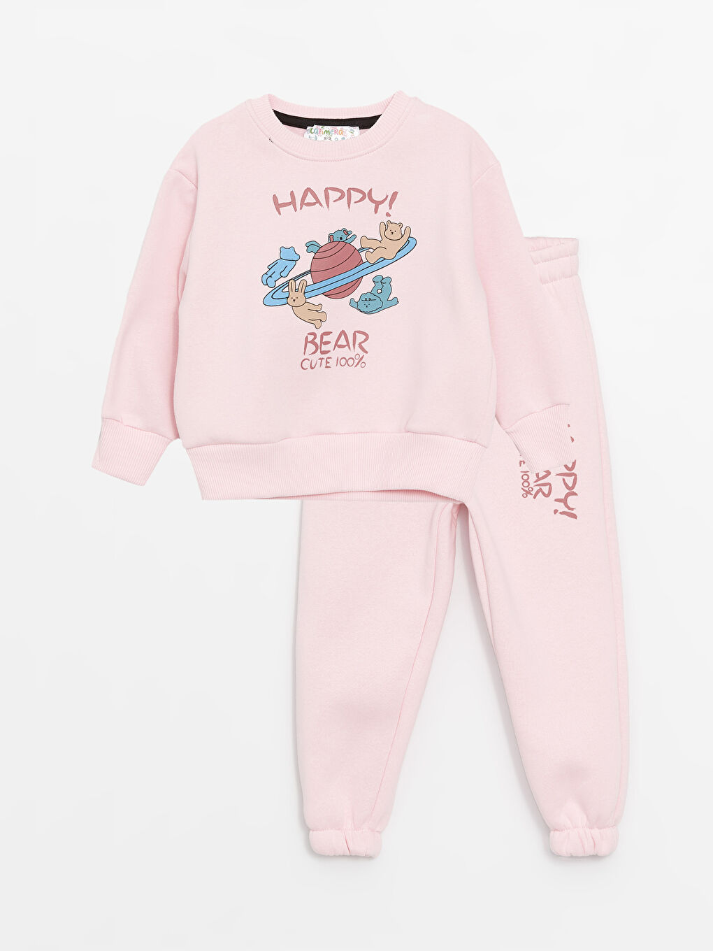Pembe Bisiklet Yaka Uzun Kollu Kız Bebek Sweatshirt ve Eşofman Alt 2'li Takım