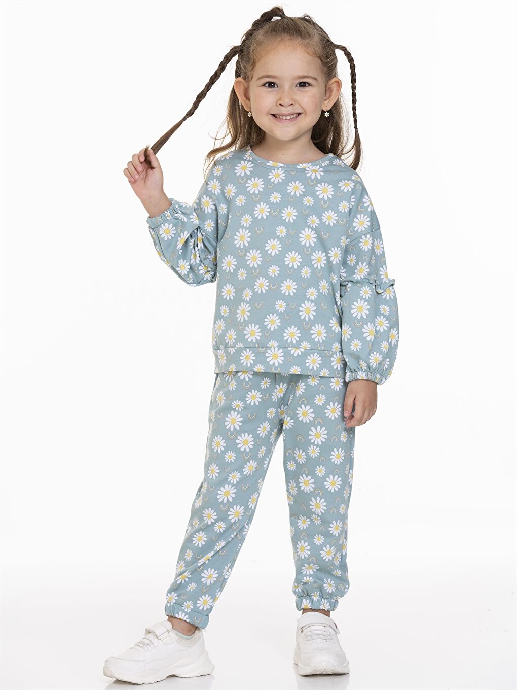 Yeşil Bisiklet Yaka Uzun Kollu Baskılı Kız Bebek 2'li Takım