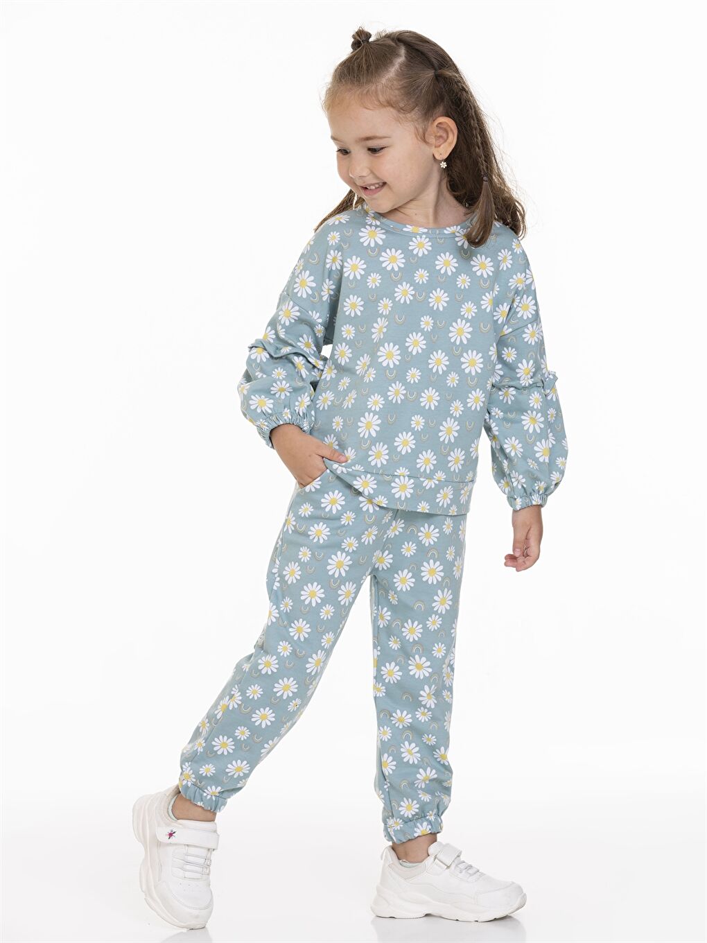 Yeşil Bisiklet Yaka Uzun Kollu Baskılı Kız Bebek 2'li Takım-1