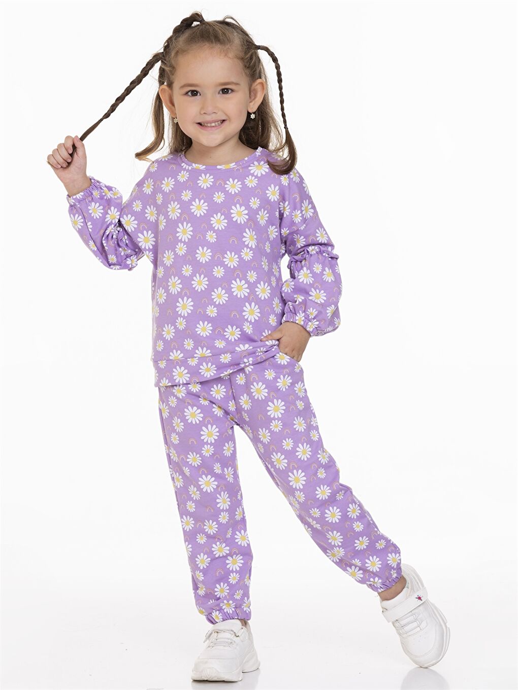 Lila Bisiklet Yaka Uzun Kollu Baskılı Kız Bebek 2'li Takım-1