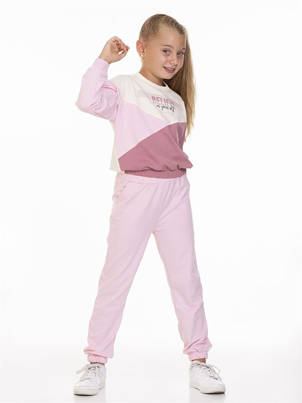 Pembe Bisiklet Yaka Baskılı Uzun Kollu Kız Çocuk Takım-1