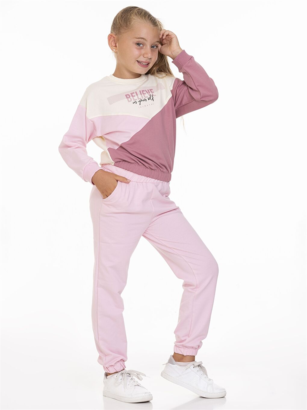 Pembe Bisiklet Yaka Baskılı Uzun Kollu Kız Çocuk Takım-3