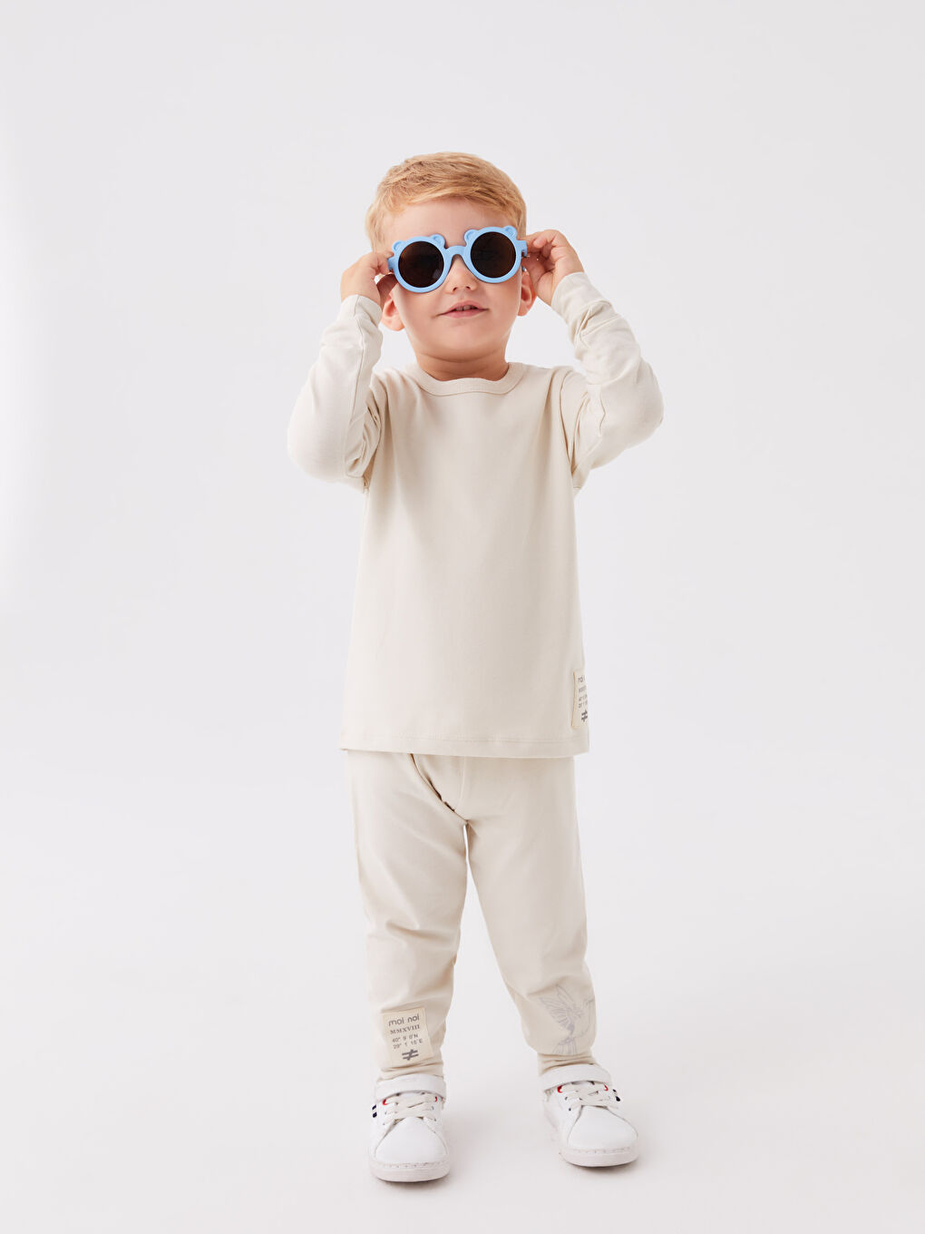 Bej Bisiklet Yaka Uzun Kollu Erkek Bebek 2'li Takım-1