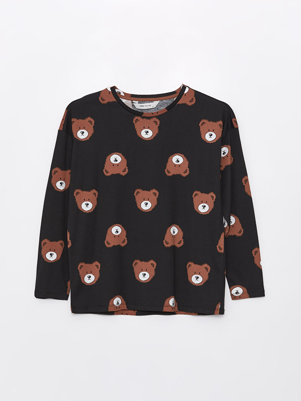 Siyah Bisiklet Yaka Teddy Baskılı Kadın Pijama Üst