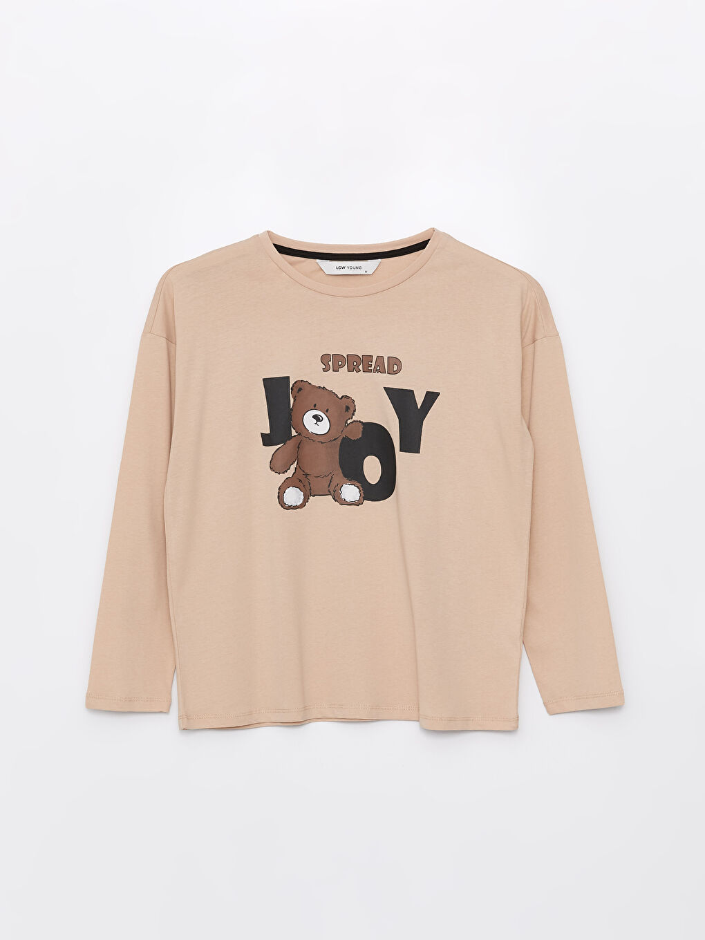 Bej Bisiklet Yaka Ayı Baskılı Kadın Pijama Üstü