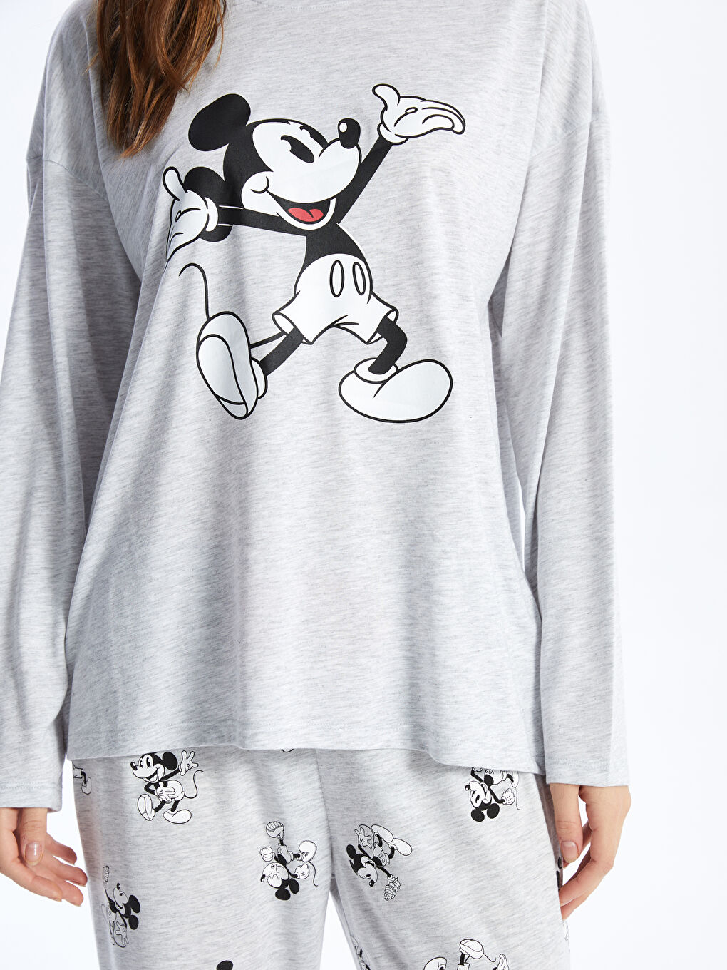 LCW Young Gri Melanj Baskılı Bisiklet Yaka Mickey Mouse Baskılı Uzun Kollu Kadın Pijama Takımı - 3