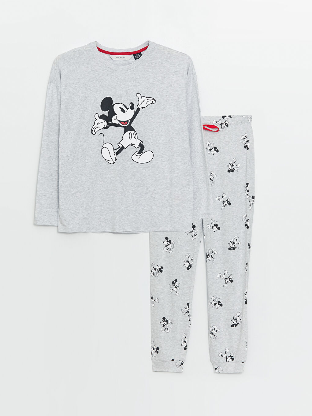 LCW Young Gri Melanj Baskılı Bisiklet Yaka Mickey Mouse Baskılı Uzun Kollu Kadın Pijama Takımı - 5