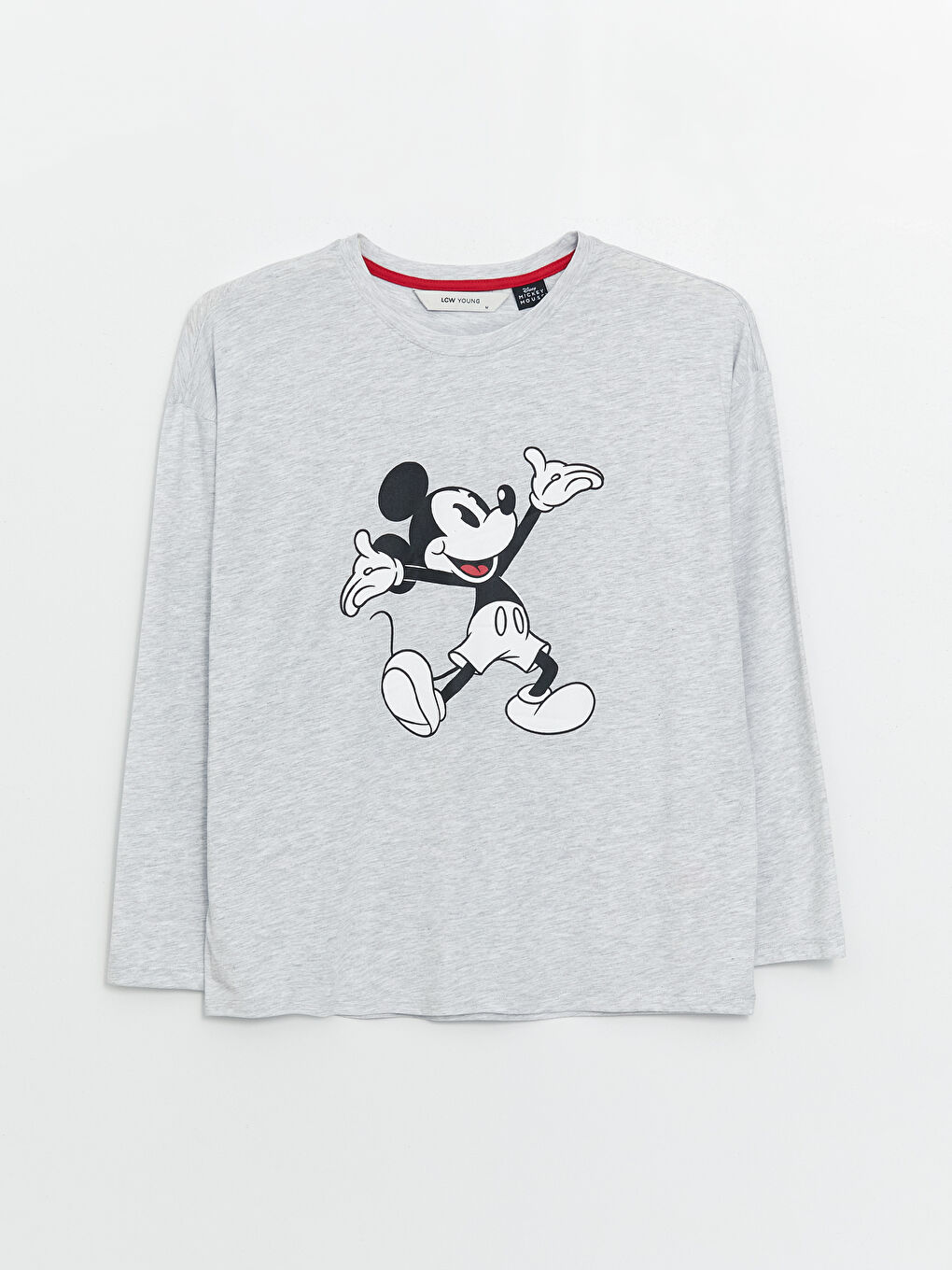 LCW Young Gri Melanj Baskılı Bisiklet Yaka Mickey Mouse Baskılı Uzun Kollu Kadın Pijama Takımı - 6