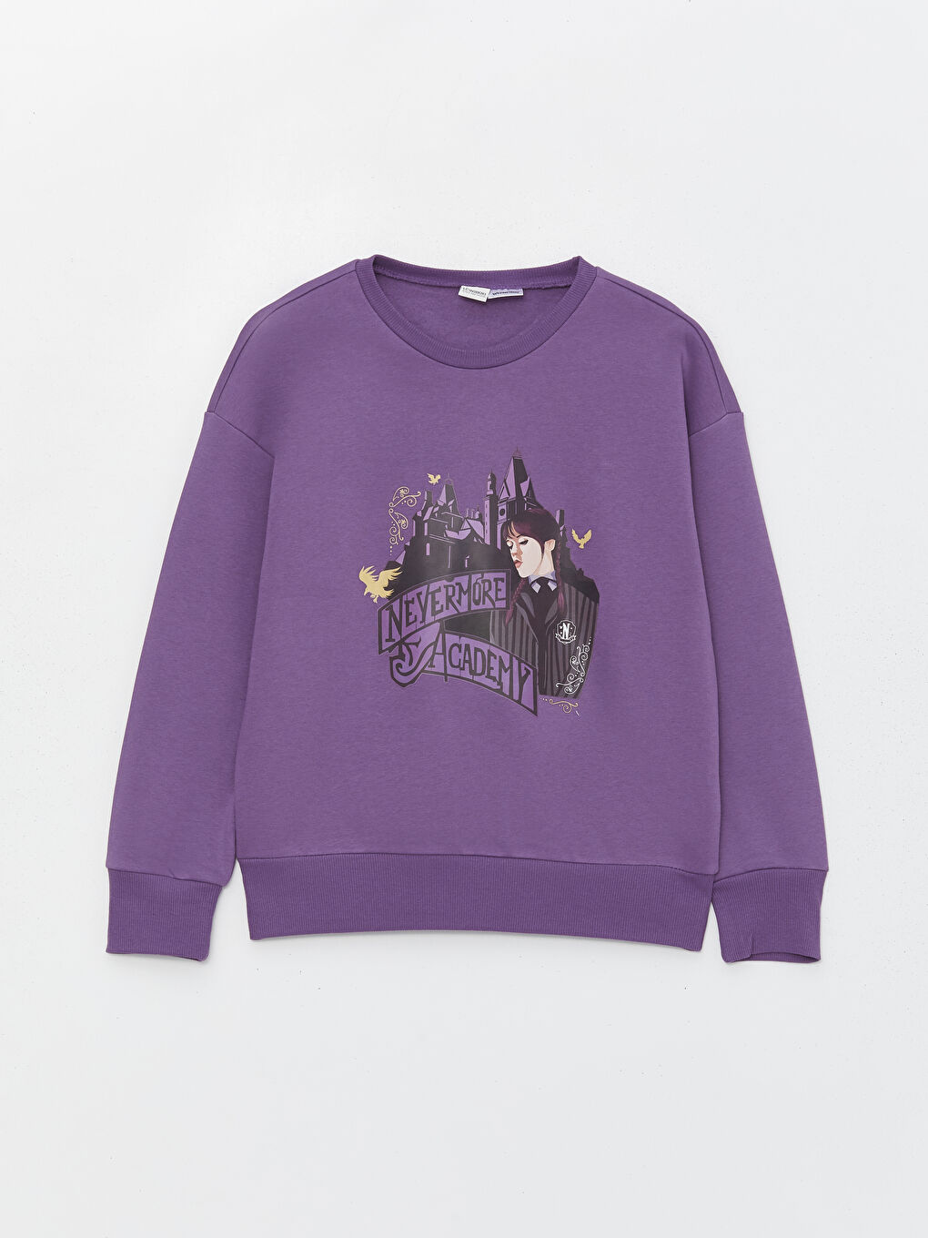 LCW Kids Mat Mor Bisiklet Yaka Wednesday Baskılı Uzun Kollu Kız Çocuk Sweatshirt