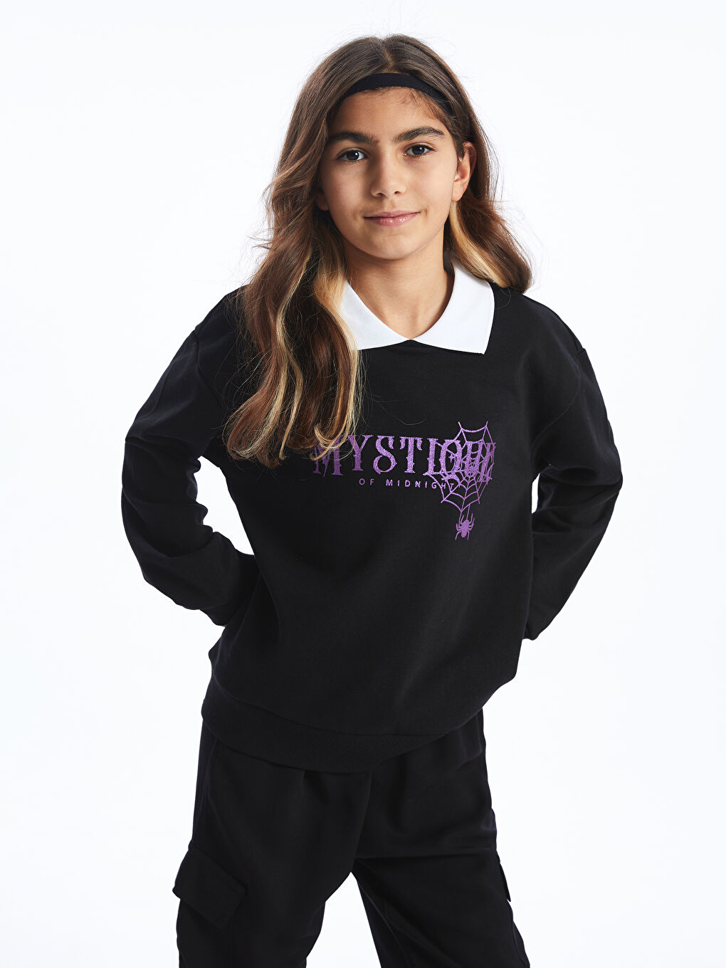 LCW Kids Yeni Siyah Gömlek Yaka Baskılı Uzun Kollu Kız Çocuk Sweatshirt