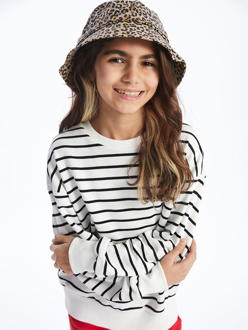 Ekru Bisiklet Yaka Çizgili Uzun Kollu Kız Çocuk Sweatshirt