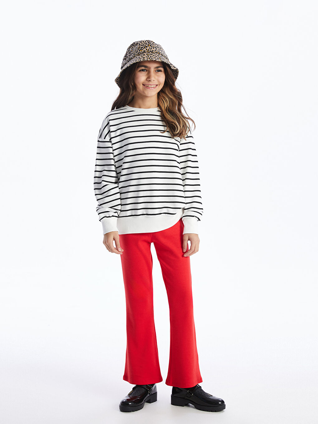 Ekru Bisiklet Yaka Çizgili Uzun Kollu Kız Çocuk Sweatshirt-1