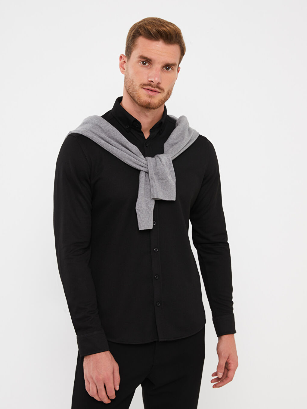 Siyah Slim Fit Uzun Kollu Armürlü Erkek Gömlek