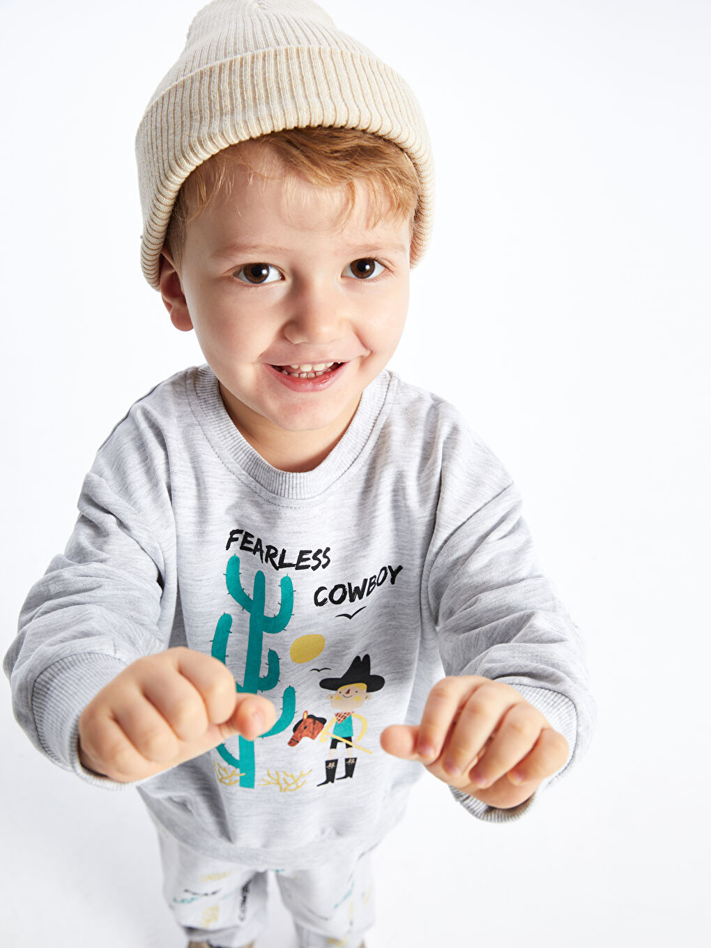 Gri Bisiklet Yaka Baskılı Erkek Bebek Sweatshirt ve Eşofman Alt 2'li Takım