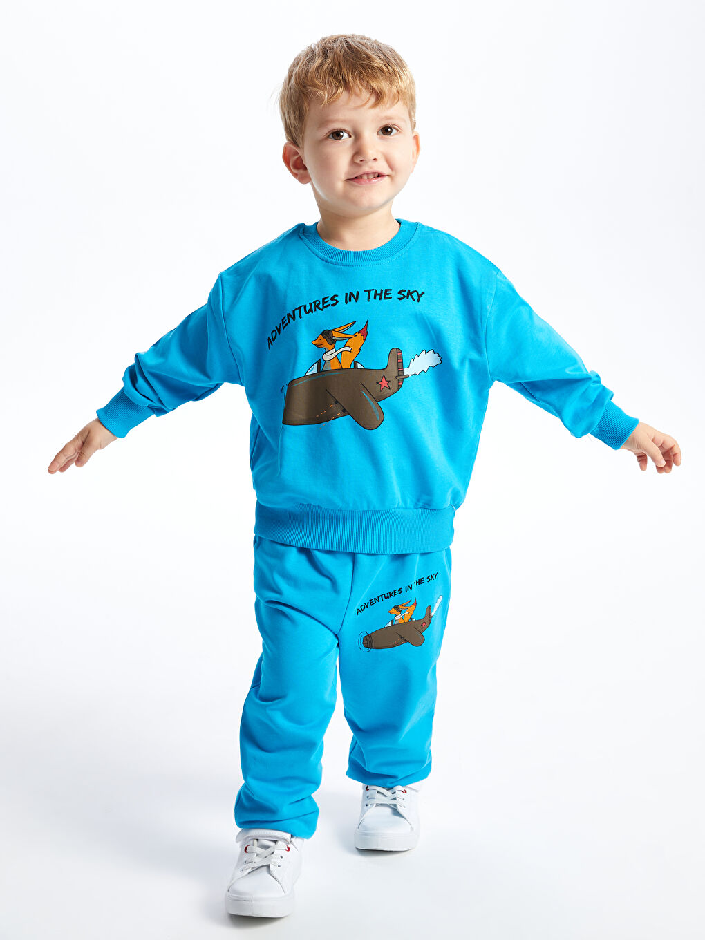 Calimera Kids Turkuaz Bisiklet Yaka Baskılı Erkek Bebek Sweatshirt ve Eşofman Alt 2'li Takım - 2