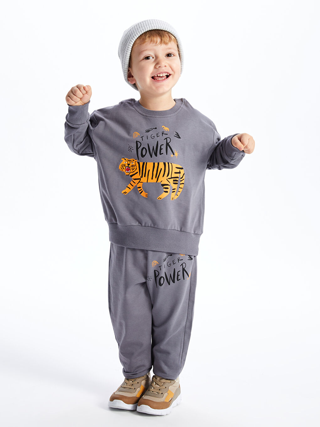 Gri Bisiklet Yaka Baskılı Erkek Bebek Sweatshirt ve Eşofman Alt 2'li Takım