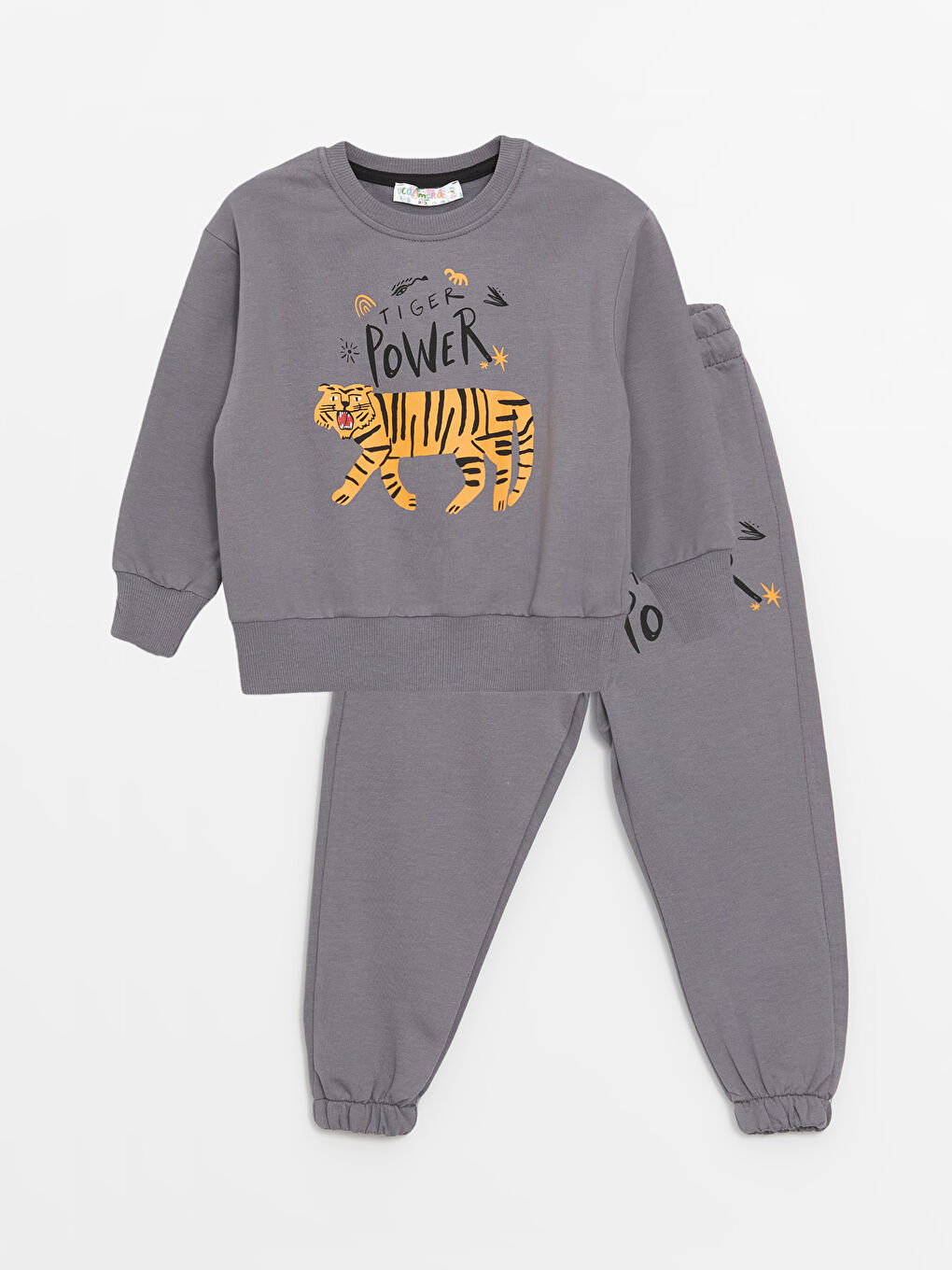 Gri Bisiklet Yaka Baskılı Erkek Bebek Sweatshirt ve Eşofman Alt 2'li Takım-3