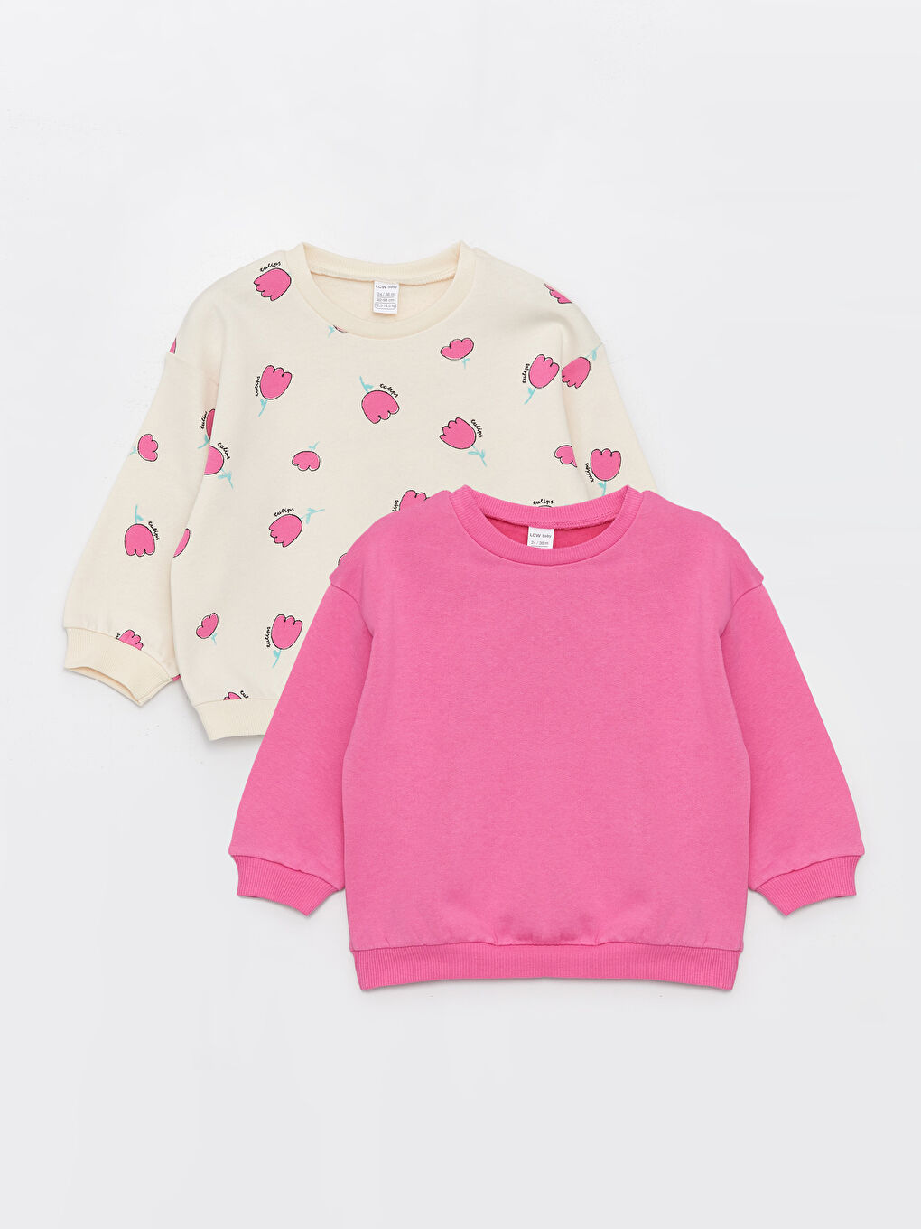 Ekru Bisiklet Yaka Uzun Kollu Baskılı Kız Bebek Sweatshirt 2'li