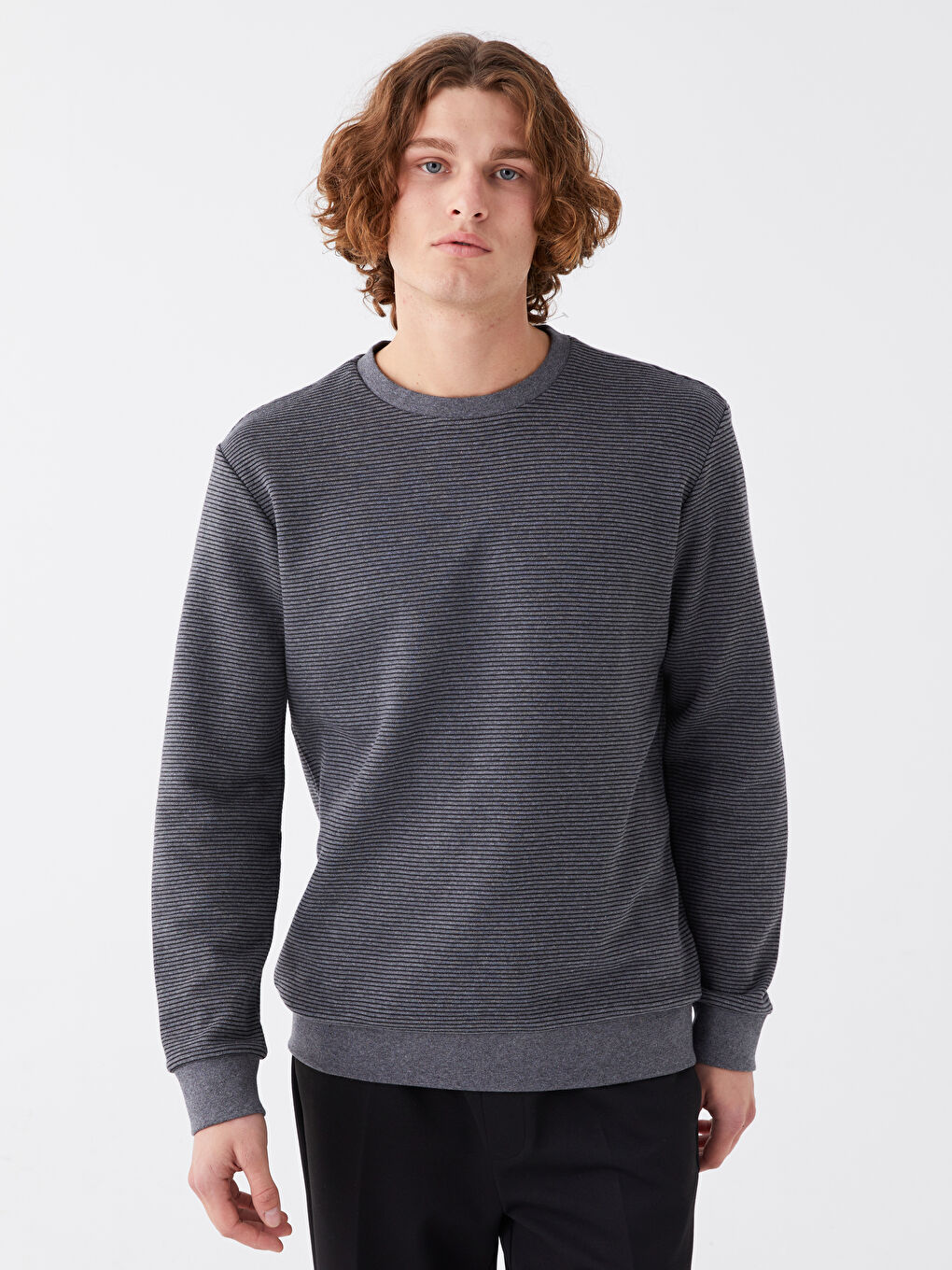 Antrasit Bisiklet Yaka Uzun Kollu Çizgili Erkek Sweatshirt-1