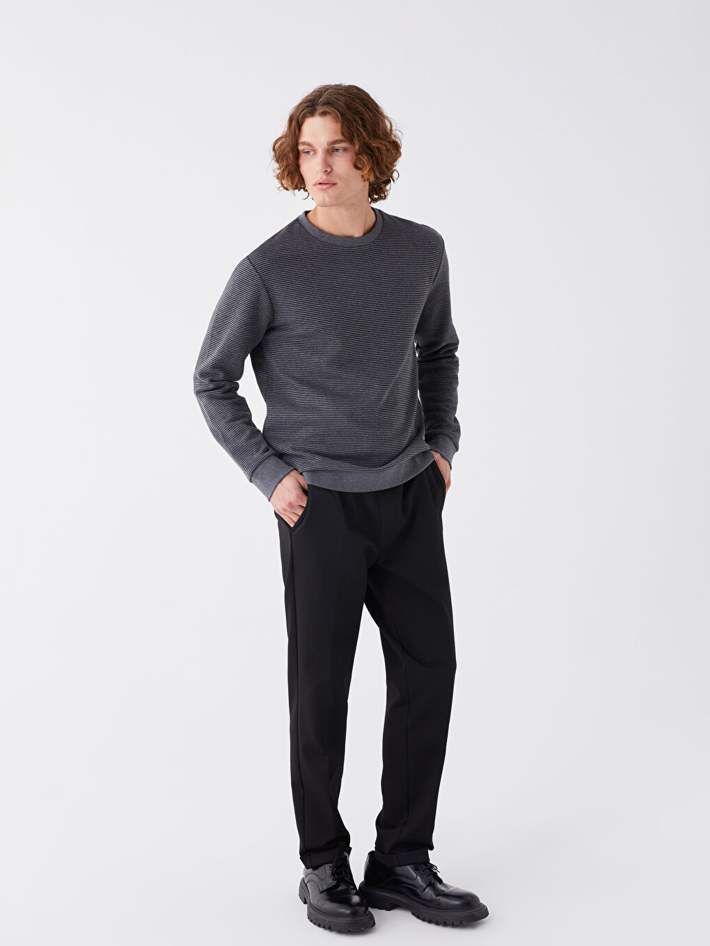 Antrasit Bisiklet Yaka Uzun Kollu Çizgili Erkek Sweatshirt-2