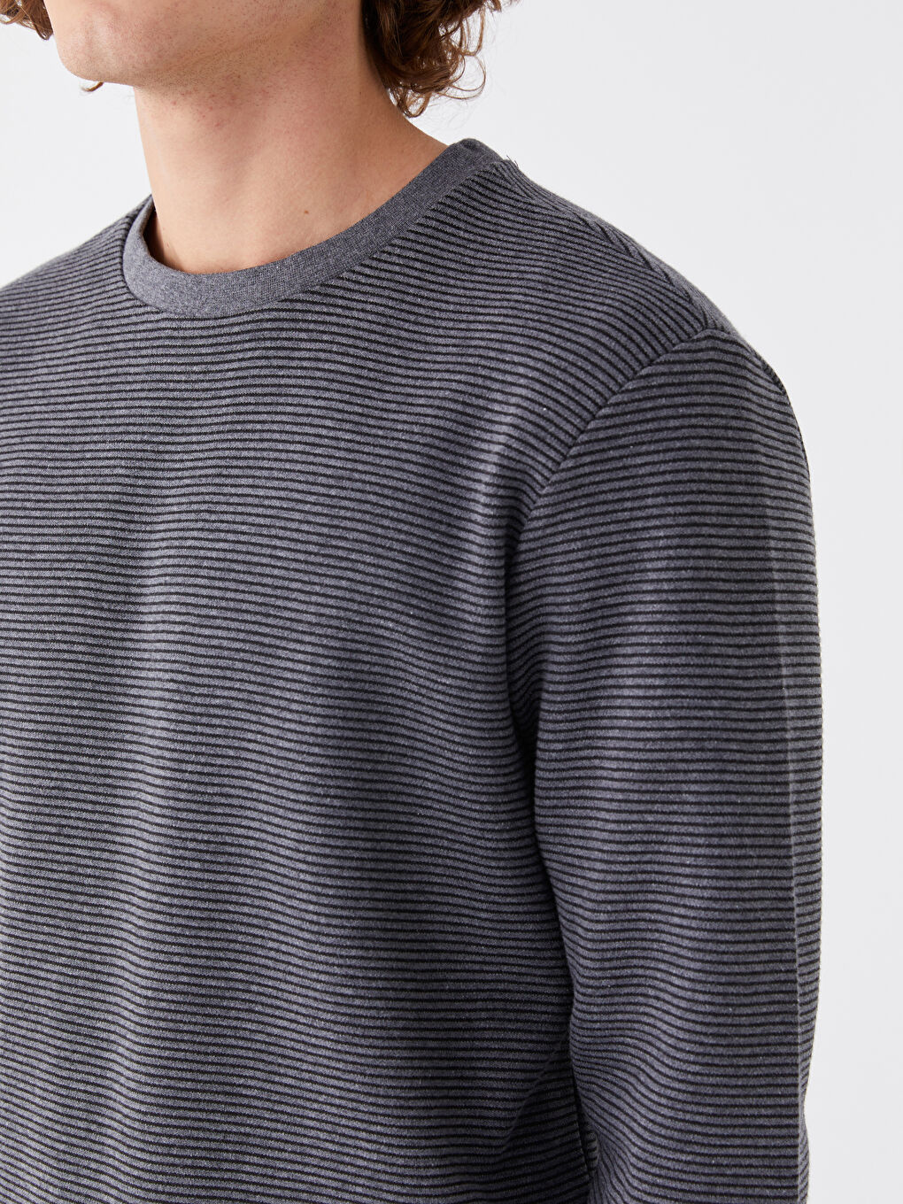 Antrasit Bisiklet Yaka Uzun Kollu Çizgili Erkek Sweatshirt-3