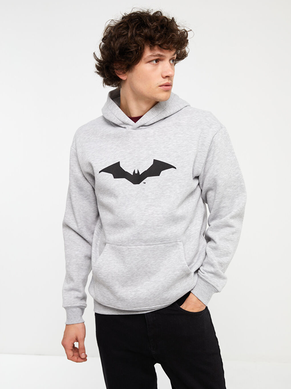 LCW Casual Gri Melanj Uzun Kollu Batman Baskılı Erkek Hoodie