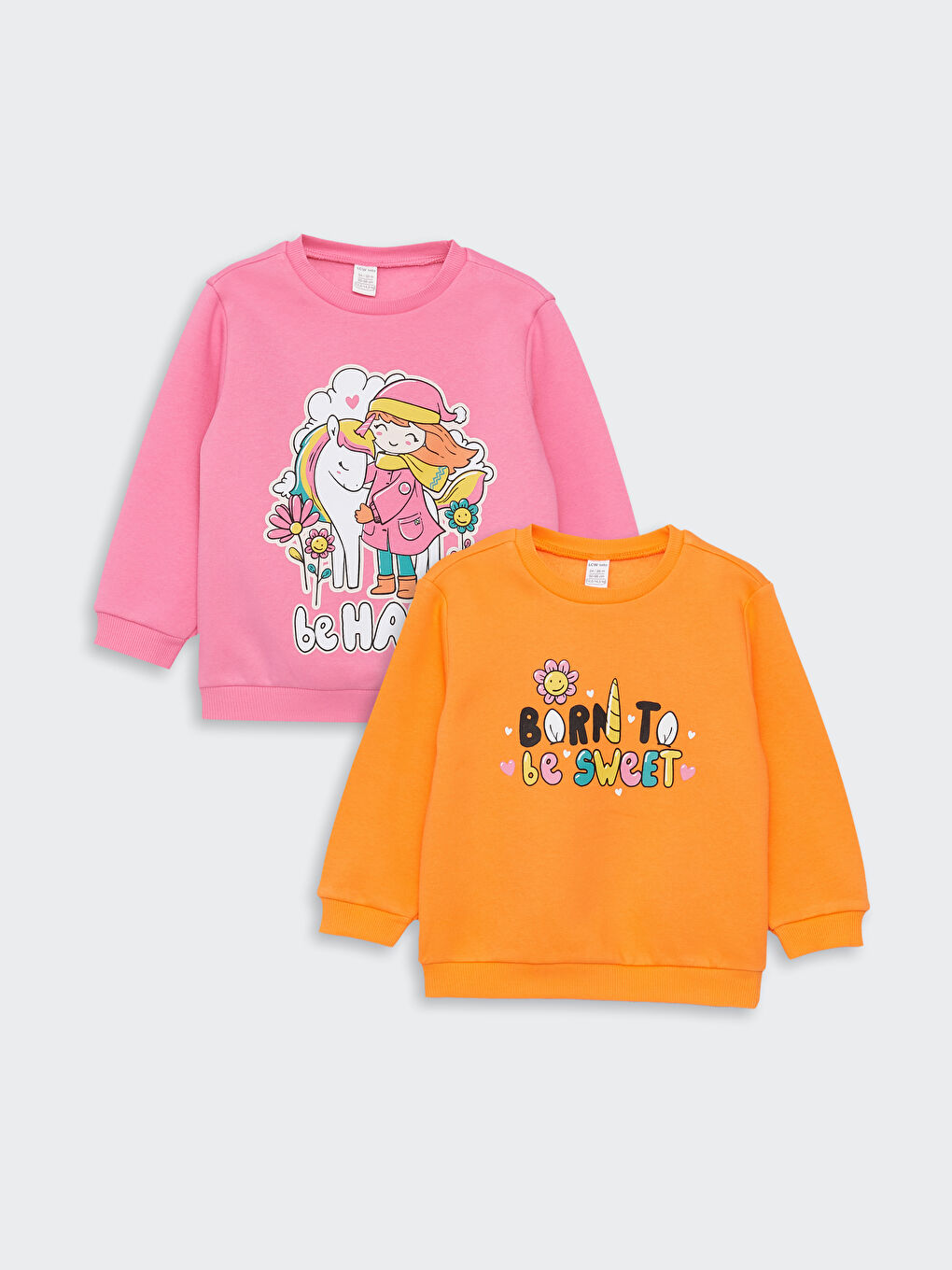 LCW baby Pembe Bisiklet Yaka Uzun Kollu Baskılı Kız Bebek Sweatshirt 2'li