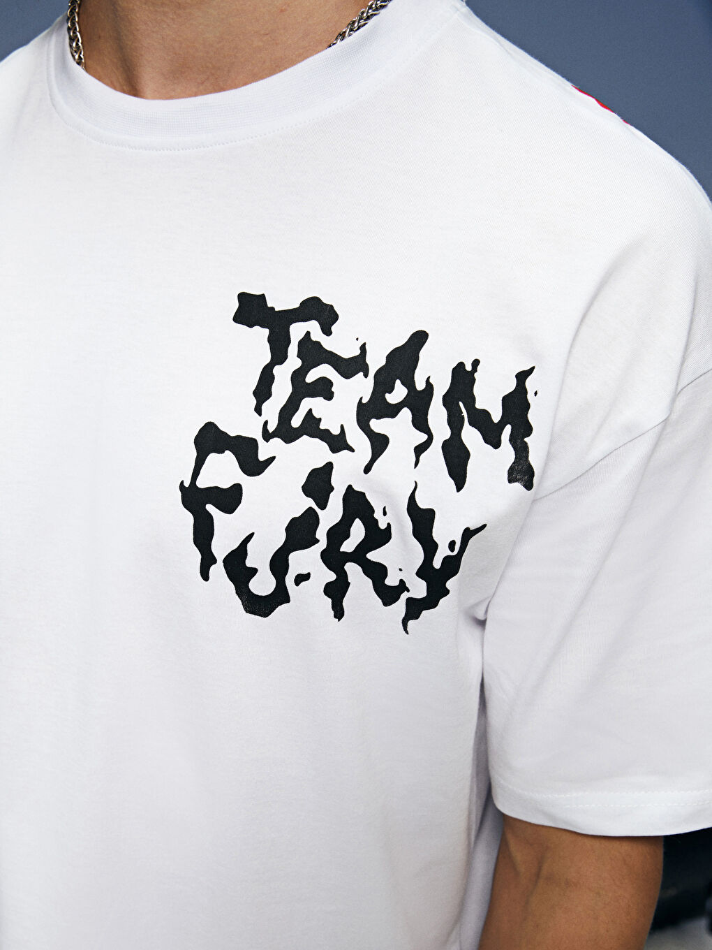 Beyaz Oversize Bisiklet Yaka Kısa Kollu Baskılı Penye Erkek Tişört-3