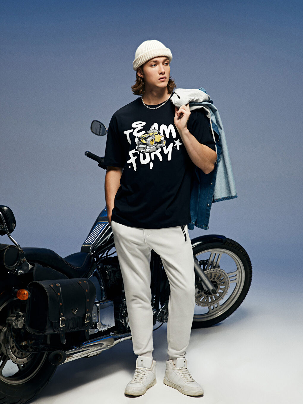 Lacivert Oversize Bisiklet Yaka Kısa Kollu Baskılı Penye Erkek Tişört-2