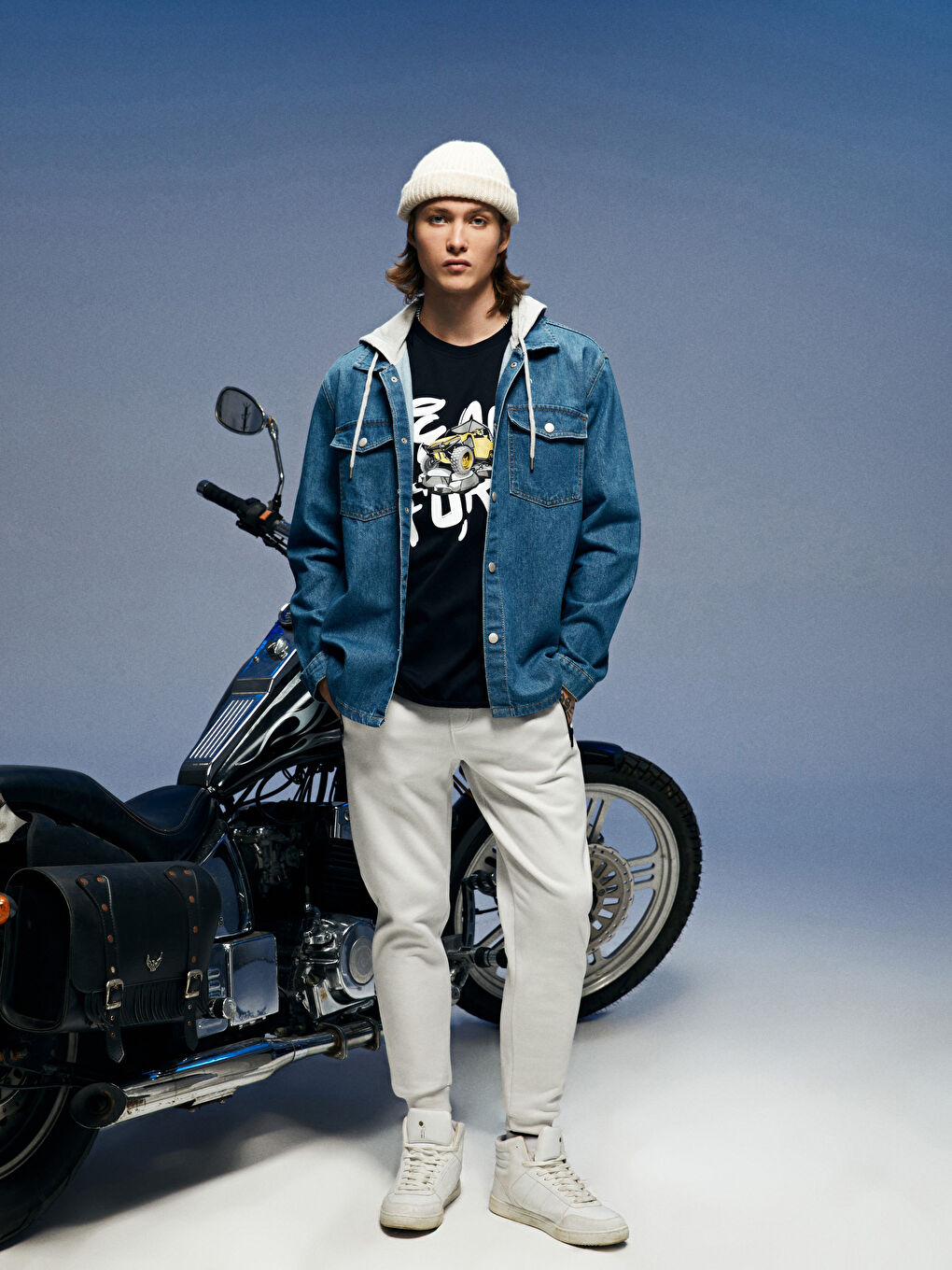 Lacivert Oversize Bisiklet Yaka Kısa Kollu Baskılı Penye Erkek Tişört-3