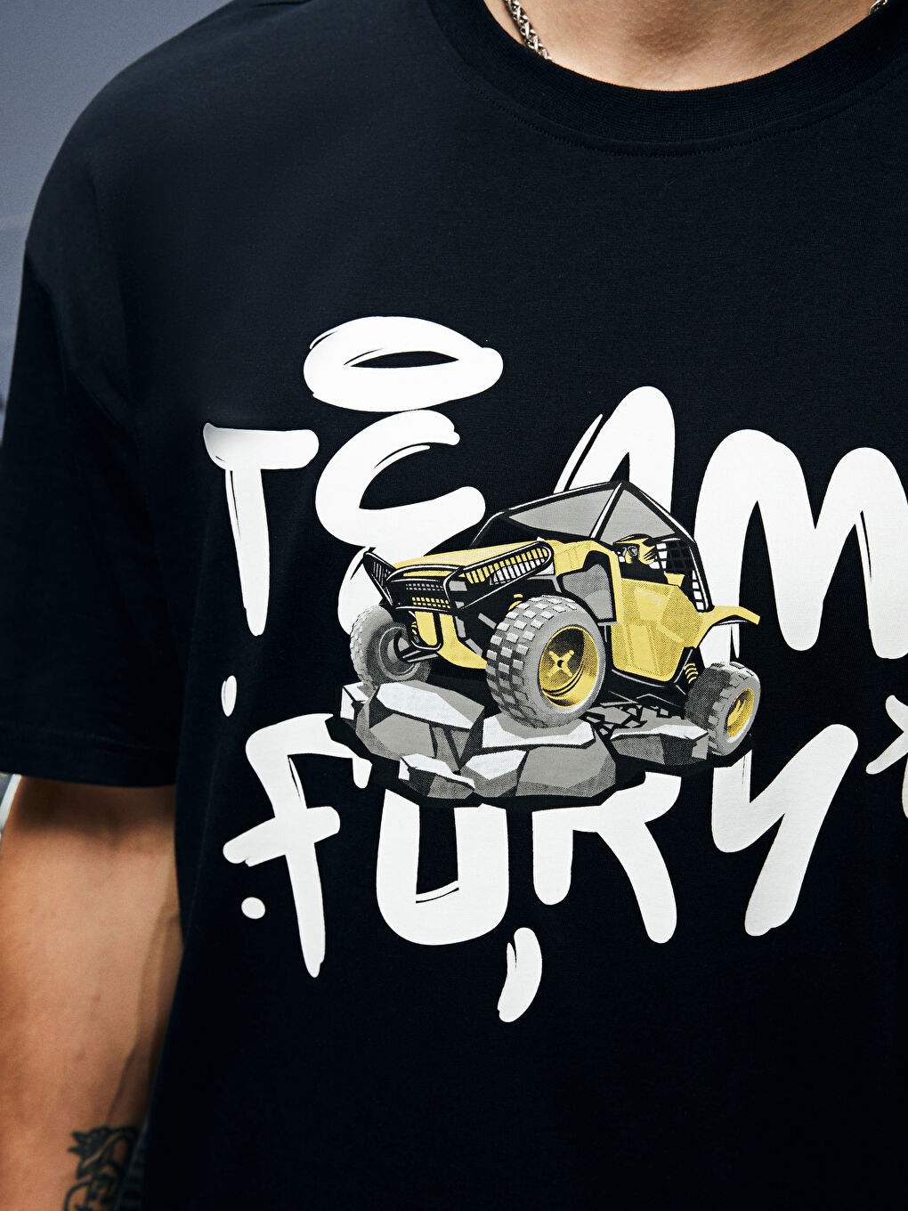 Lacivert Oversize Bisiklet Yaka Kısa Kollu Baskılı Penye Erkek Tişört-4