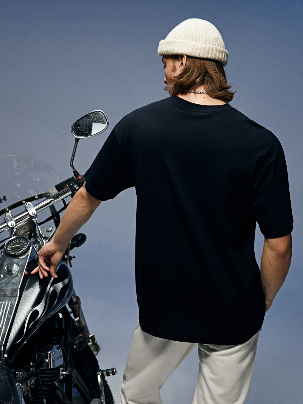 Lacivert Oversize Bisiklet Yaka Kısa Kollu Baskılı Penye Erkek Tişört-5