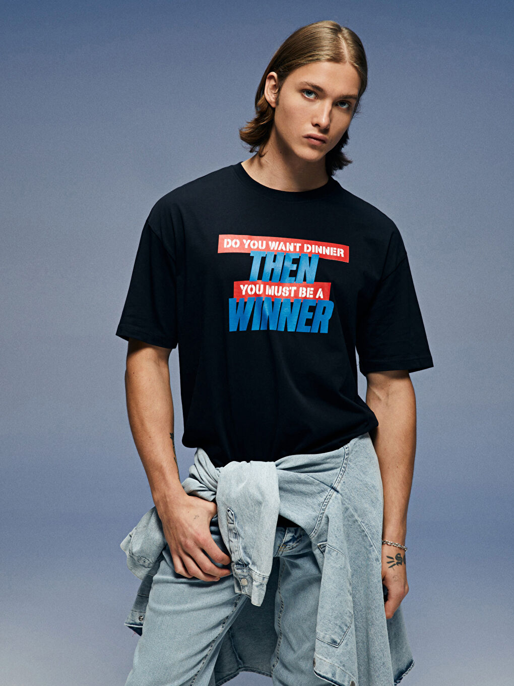 Siyah Oversize Bisiklet Yaka Kısa Kollu Baskılı Penye Erkek Tişört-3