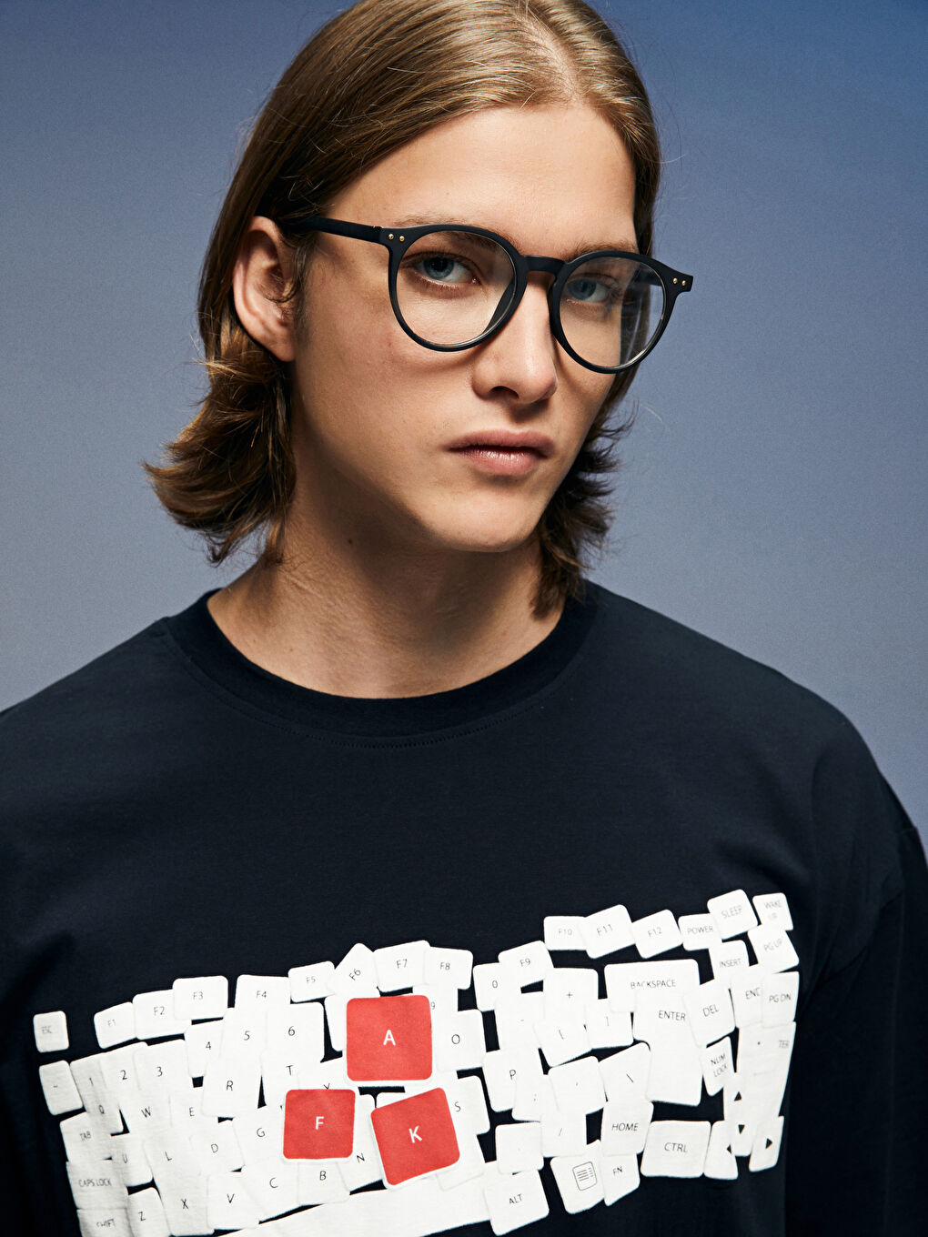 Lacivert Oversize Bisiklet Yaka Kısa Kollu Baskılı Penye Erkek Tişört-5