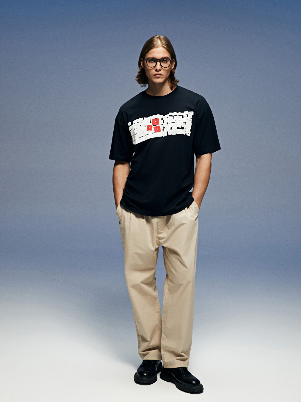 Lacivert Oversize Bisiklet Yaka Kısa Kollu Baskılı Penye Erkek Tişört-6