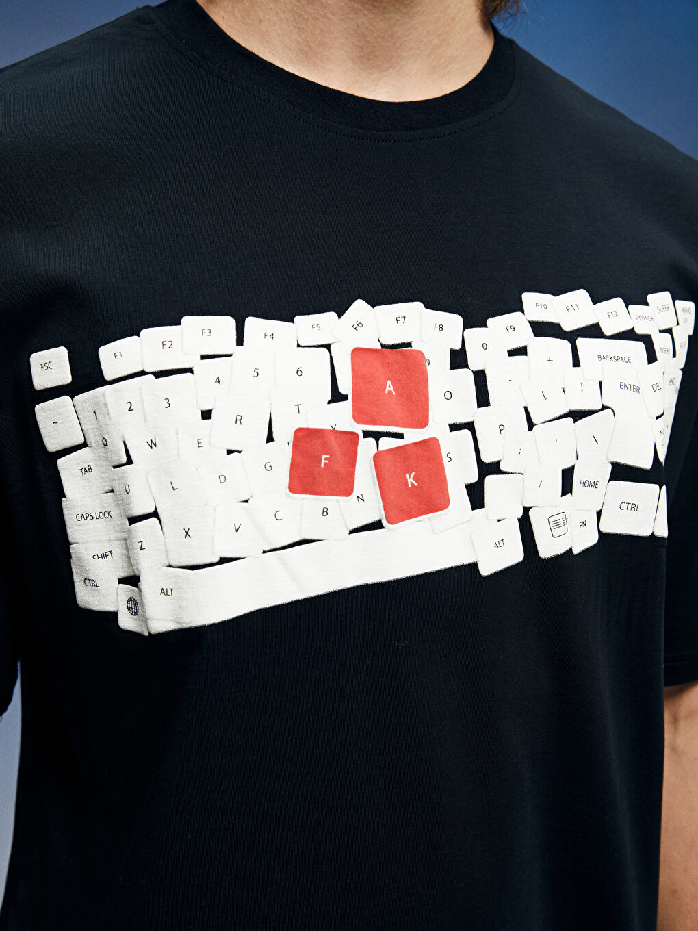 Lacivert Oversize Bisiklet Yaka Kısa Kollu Baskılı Penye Erkek Tişört-7