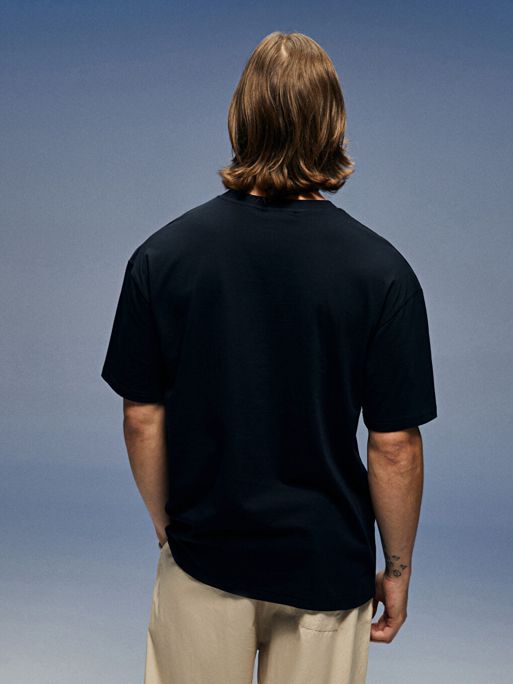 Lacivert Oversize Bisiklet Yaka Kısa Kollu Baskılı Penye Erkek Tişört-8