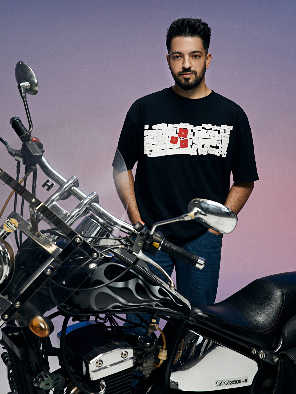 Lacivert Oversize Bisiklet Yaka Kısa Kollu Baskılı Penye Erkek Tişört-2