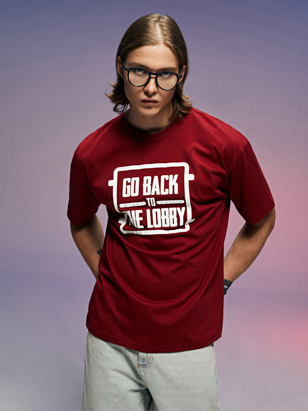 Kırmızı Oversize Bisiklet Yaka Kısa Kollu Baskılı Penye Erkek Tişört-4