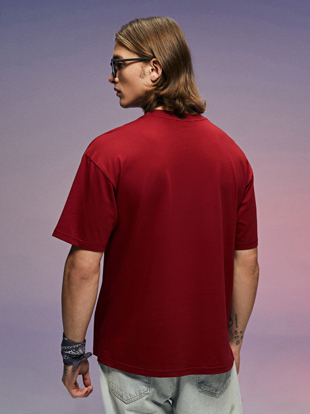Kırmızı Oversize Bisiklet Yaka Kısa Kollu Baskılı Penye Erkek Tişört-7