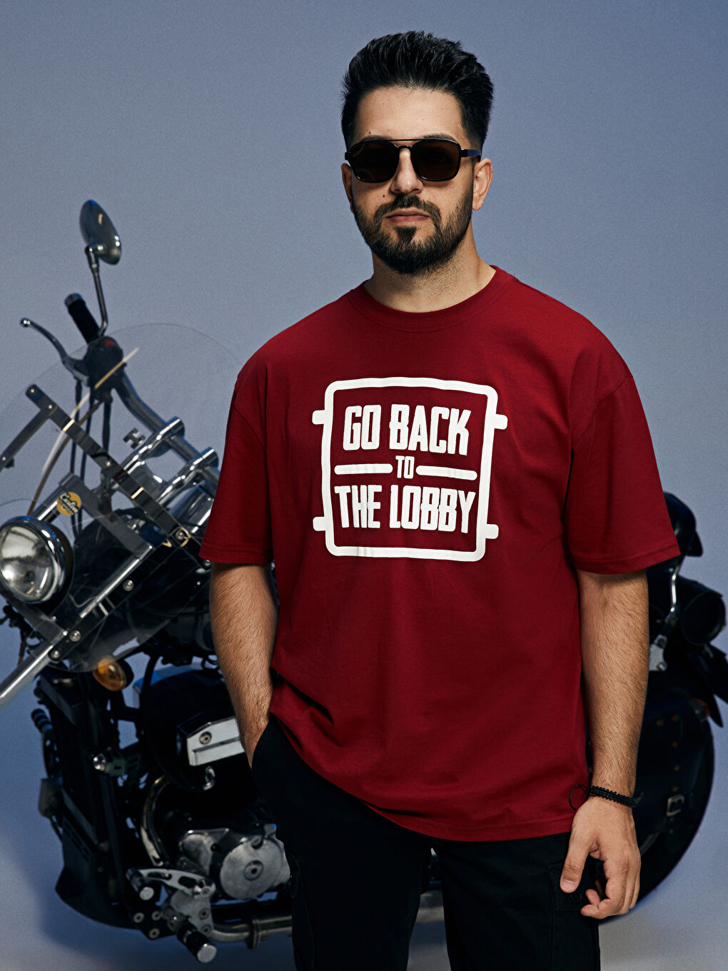 Kırmızı Oversize Bisiklet Yaka Kısa Kollu Baskılı Penye Erkek Tişört-2