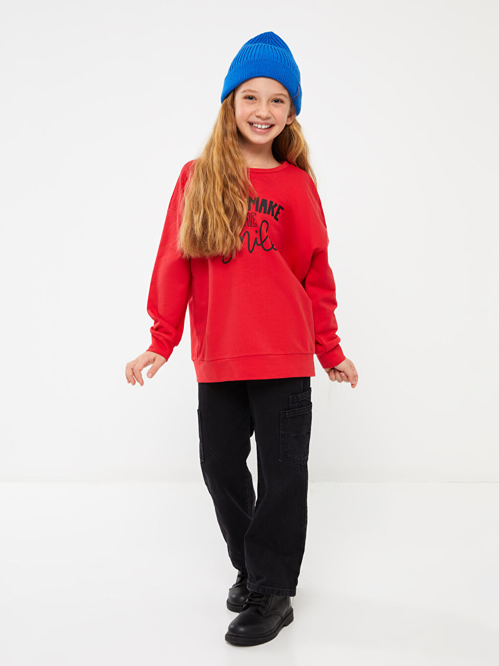 Kırmızı Bisiklet Yaka Baskılı Uzun Kollu Kız Çocuk Sweatshirt-2