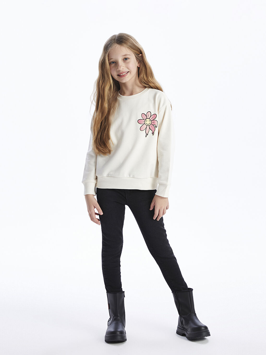 LCW Kids Ekru Bisiklet Yaka Uzun Kollu Kız Çocuk Sweatshirt - 1