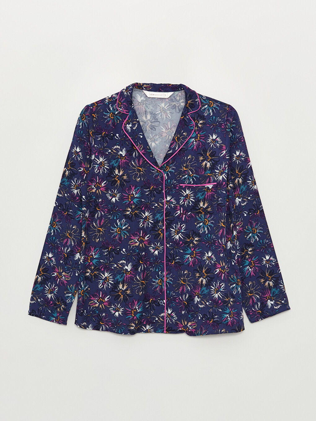 Lacivert Gömlek Yaka Çiçekli Kadın Pijama Üstü