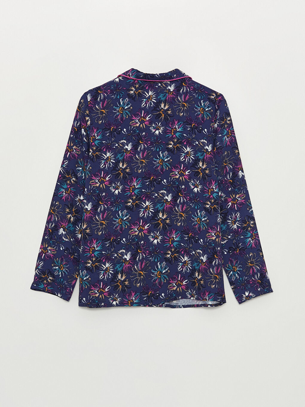 Lacivert Gömlek Yaka Çiçekli Kadın Pijama Üstü-1