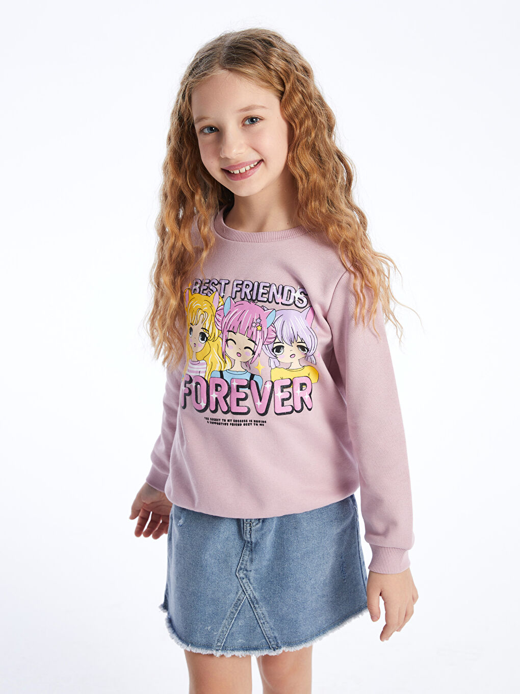 LCW Kids Lila Bisiklet Yaka Baskılı Uzun Kollu Kız Çocuk Sweatshirt