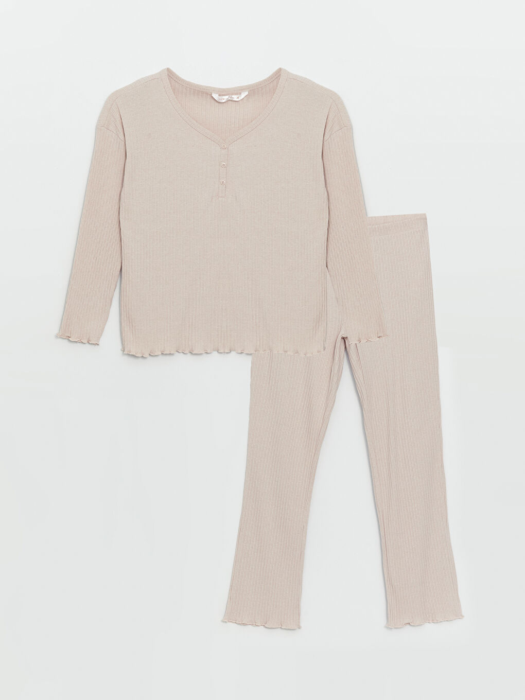 Bej V Yaka Düz Uzun Kollu Kadın Pijama Takımı-5