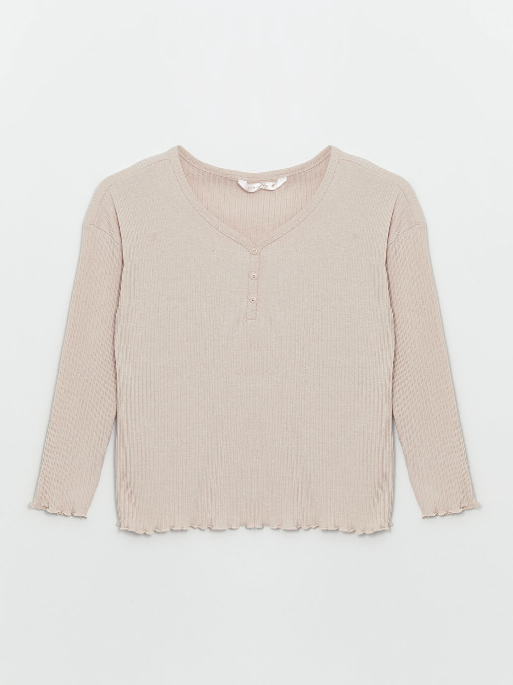 Bej V Yaka Düz Uzun Kollu Kadın Pijama Takımı-6