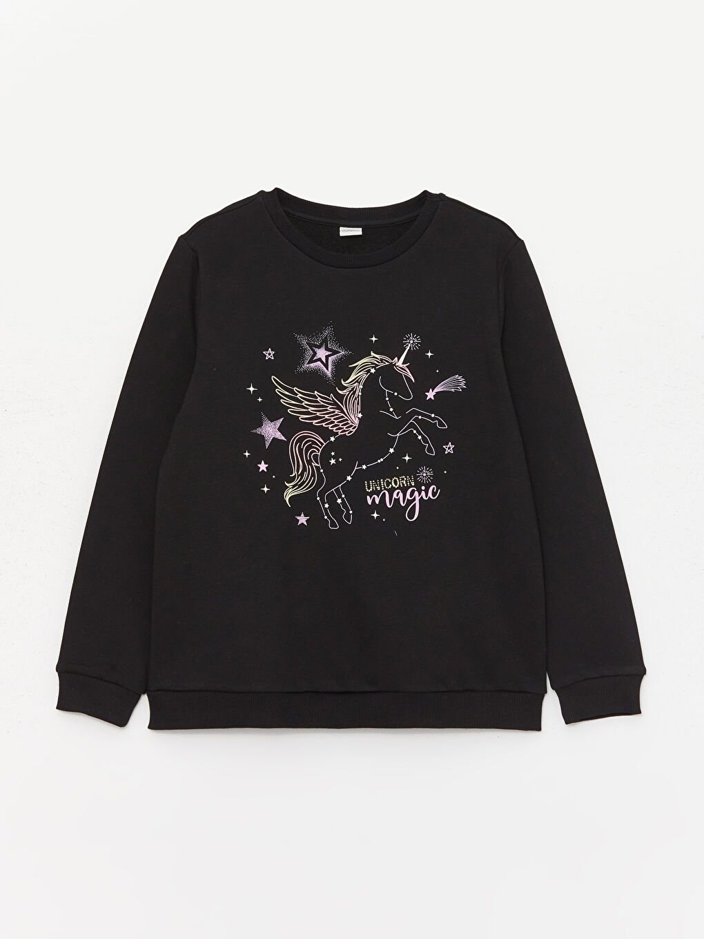 LCW Kids Yeni Siyah Bisiklet Yaka Baskılı Uzun Kollu Kız Çocuk Sweatshirt