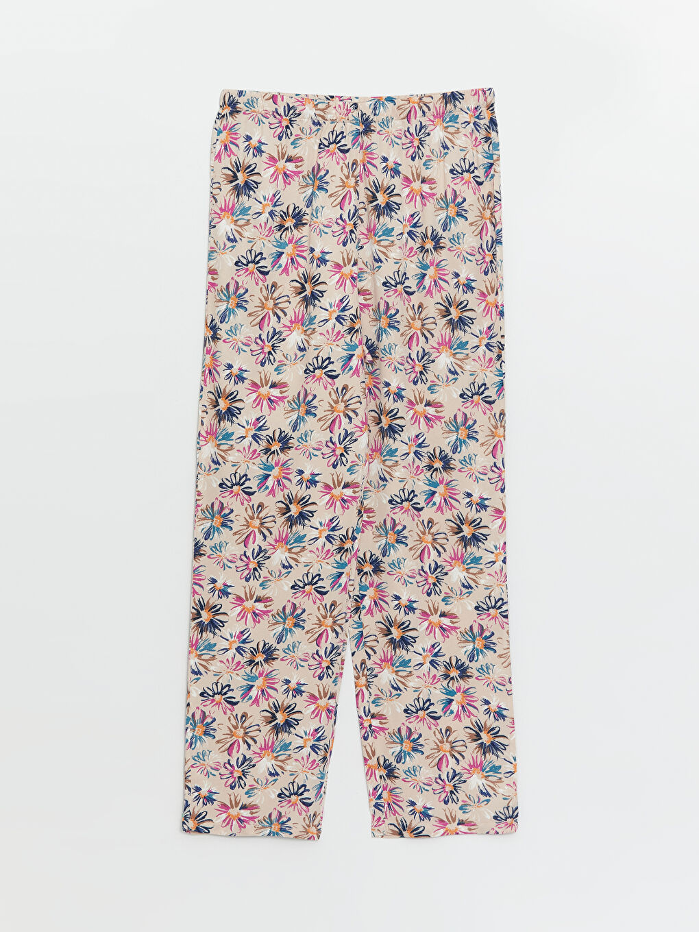 Bej Beli Lastikli Çiçekli Kadın Pijama Altı
